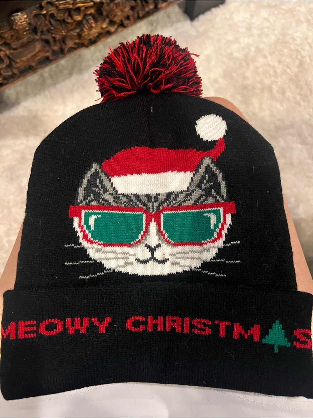 Black Cat Meowy Christmas Beanie with Red Pom-Pom and Green Sunglasses